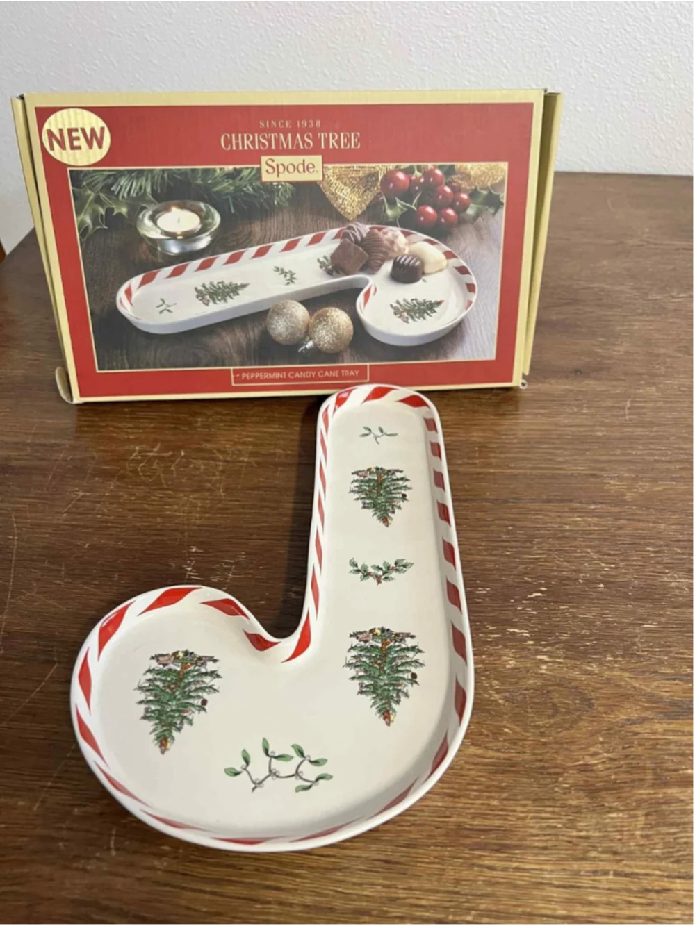 Spode Christmas Tree Peppermint Candy Cane Tray with Box 12” Ceramic Holiday